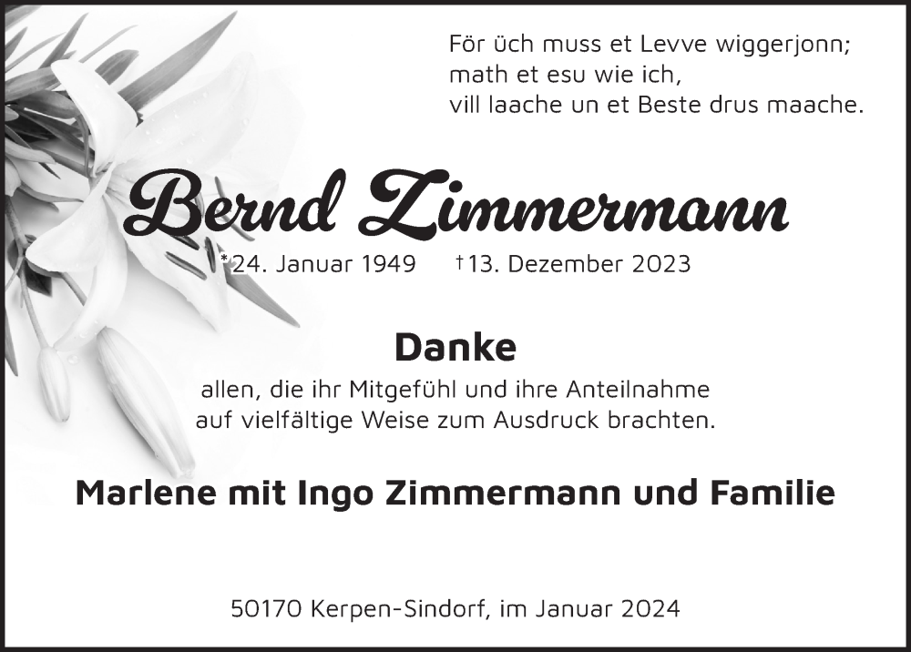  Traueranzeige für Bernd Zimmermann vom 19.01.2024 aus  Werbepost 