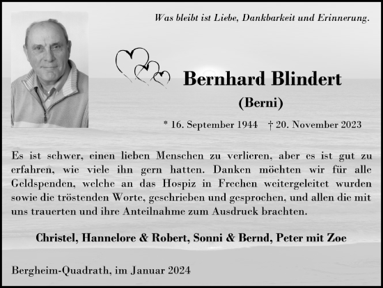Anzeige von Bernhard Blindert von  Werbepost 