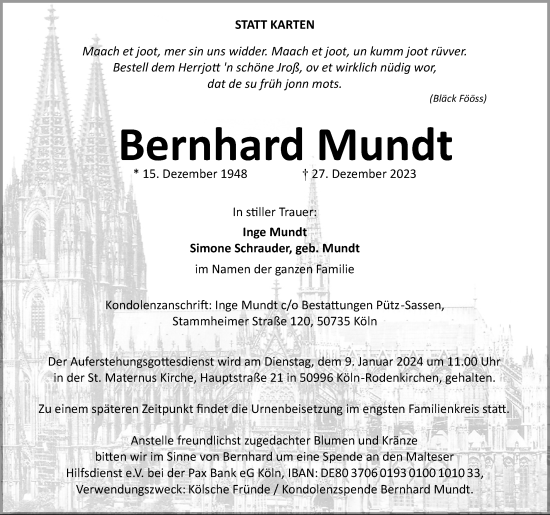 Anzeige von Bernhard Mundt von Kölner Stadt-Anzeiger / Kölnische Rundschau / Express
