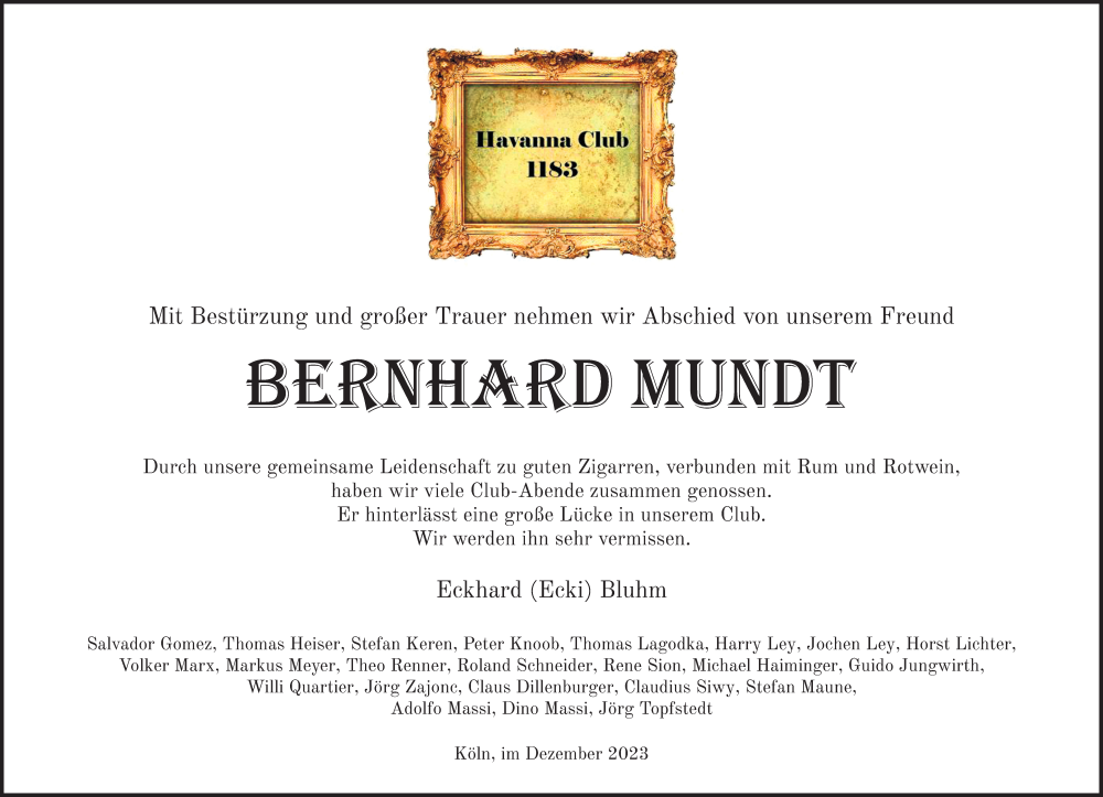  Traueranzeige für Bernhard Mundt vom 06.01.2024 aus Kölner Stadt-Anzeiger / Kölnische Rundschau / Express