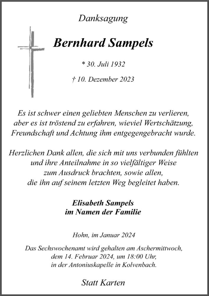  Traueranzeige für Bernhard Sampels vom 13.01.2024 aus  Blickpunkt Euskirchen 