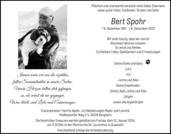 Anzeige von Bert Spohr von  Werbepost 