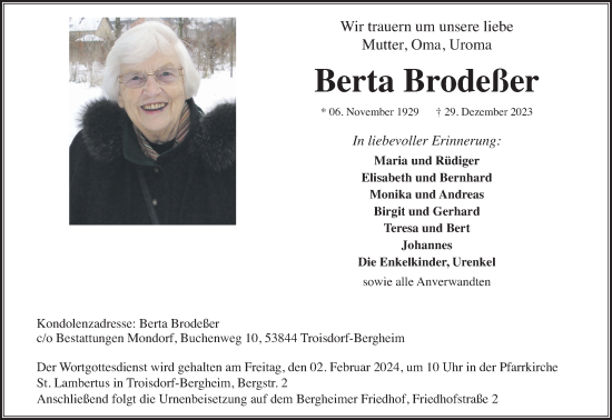 Anzeige von Berta Brodeßer von Kölner Stadt-Anzeiger / Kölnische Rundschau / Express