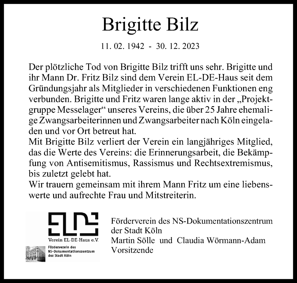  Traueranzeige für Brigitte Bilz vom 13.01.2024 aus Kölner Stadt-Anzeiger / Kölnische Rundschau / Express