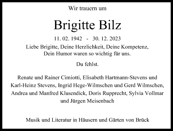 Anzeige von Brigitte Bilz von Kölner Stadt-Anzeiger / Kölnische Rundschau / Express