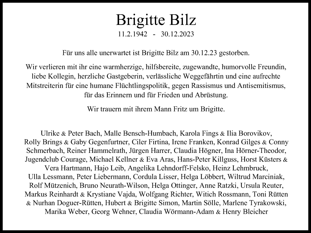  Traueranzeige für Brigitte Bilz vom 13.01.2024 aus Kölner Stadt-Anzeiger / Kölnische Rundschau / Express