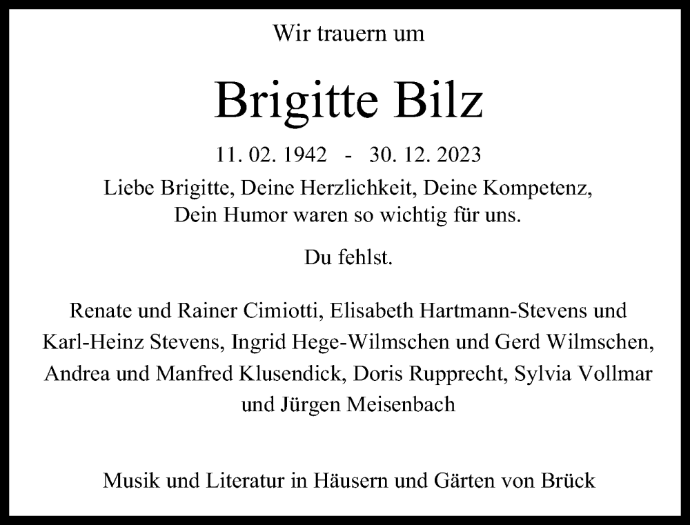  Traueranzeige für Brigitte Bilz vom 13.01.2024 aus Kölner Stadt-Anzeiger / Kölnische Rundschau / Express