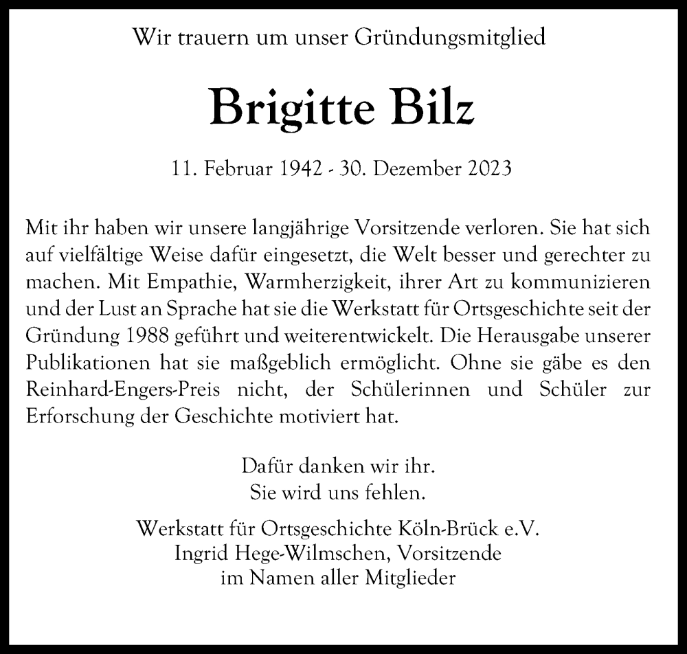  Traueranzeige für Brigitte Bilz vom 13.01.2024 aus Kölner Stadt-Anzeiger / Kölnische Rundschau / Express
