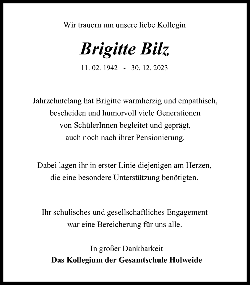  Traueranzeige für Brigitte Bilz vom 13.01.2024 aus Kölner Stadt-Anzeiger / Kölnische Rundschau / Express