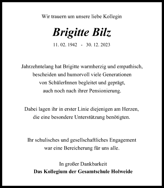 Anzeige von Brigitte Bilz von Kölner Stadt-Anzeiger / Kölnische Rundschau / Express