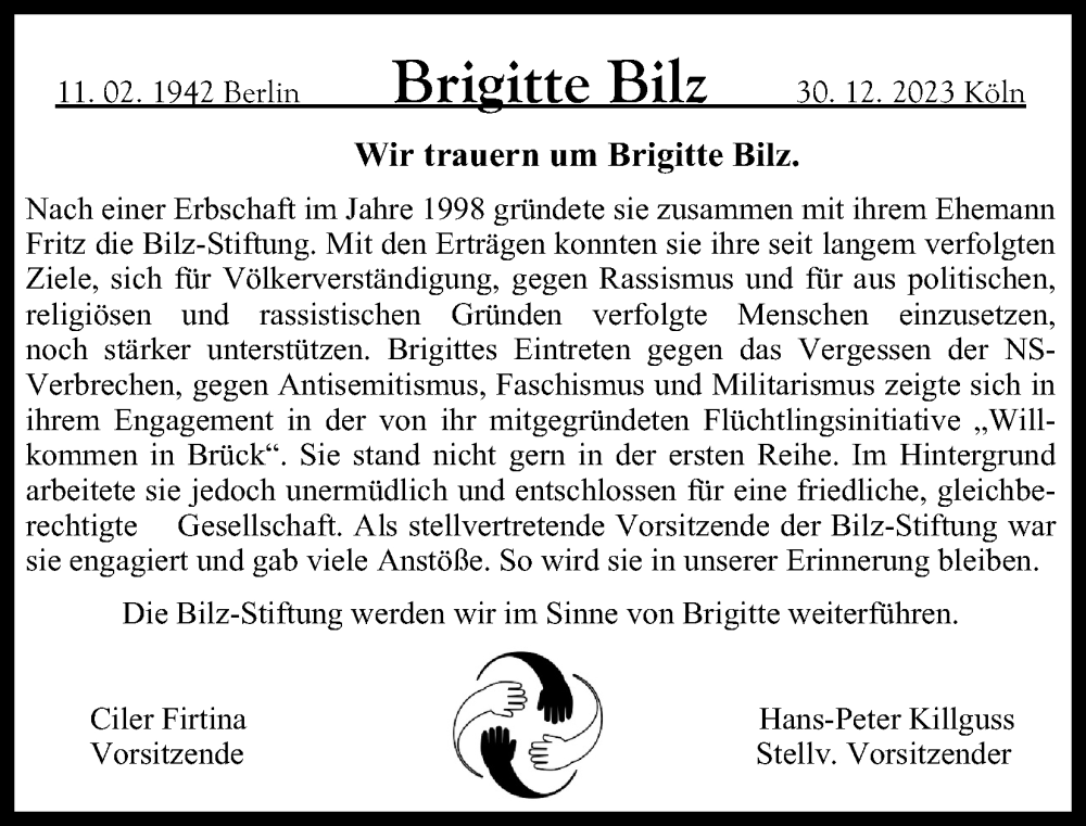  Traueranzeige für Brigitte Bilz vom 13.01.2024 aus Kölner Stadt-Anzeiger / Kölnische Rundschau / Express