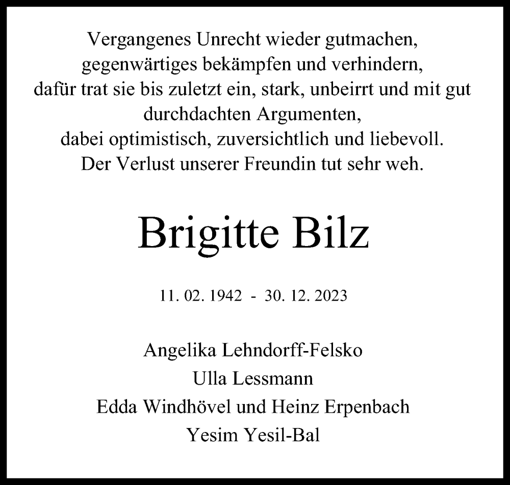  Traueranzeige für Brigitte Bilz vom 13.01.2024 aus Kölner Stadt-Anzeiger / Kölnische Rundschau / Express