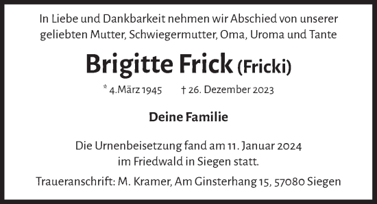 Anzeige von Brigitte Frick von  Extra Blatt 