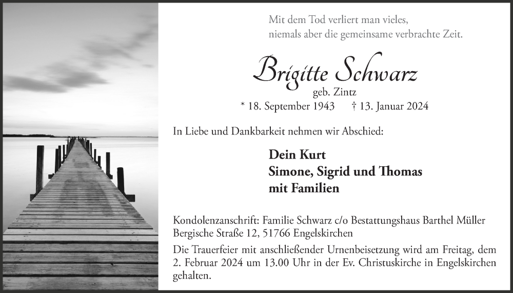  Traueranzeige für Brigitte Schwarz vom 26.01.2024 aus  Anzeigen Echo 