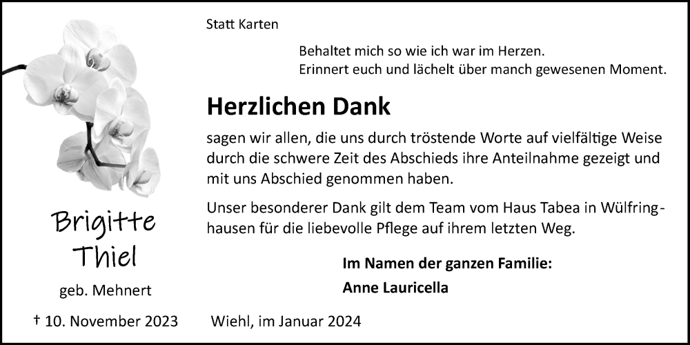  Traueranzeige für Brigitte Thiel vom 06.01.2024 aus Kölner Stadt-Anzeiger / Kölnische Rundschau / Express