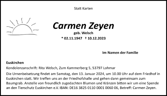 Anzeige von Carmen Zeyen von  Blickpunkt Euskirchen 