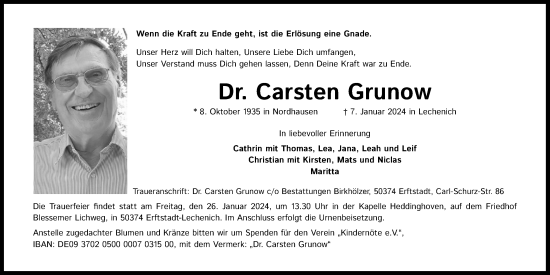 Anzeige von Carsten Grunow von Kölner Stadt-Anzeiger / Kölnische Rundschau / Express