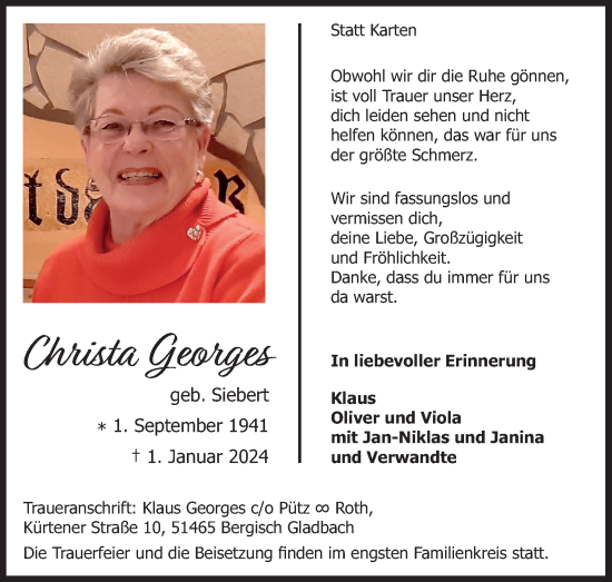 Anzeige von Christa Georges von Kölner Stadt-Anzeiger / Kölnische Rundschau / Express