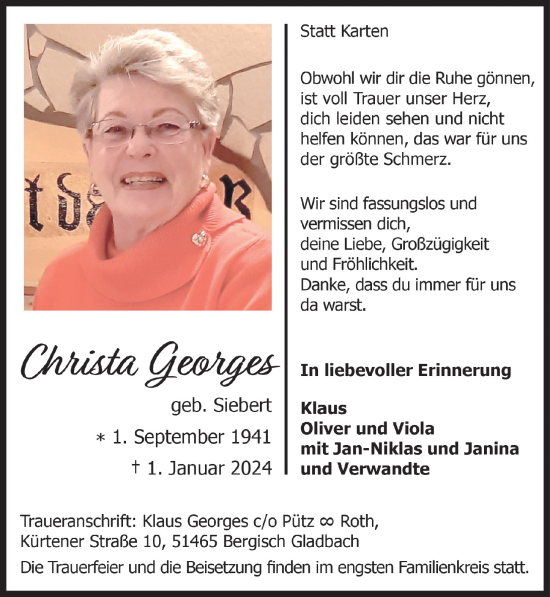 Anzeige von Christa Georges von  Bergisches Handelsblatt 