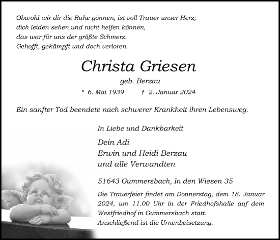 Anzeige von Christa Griesen von  Anzeigen Echo 