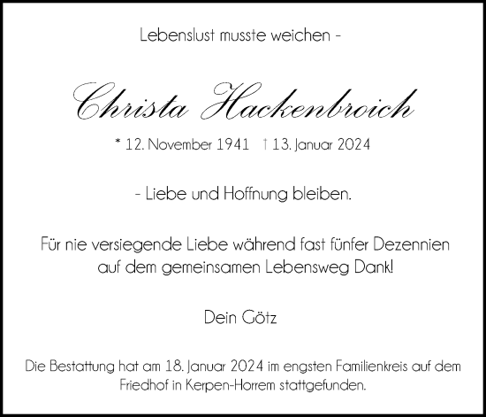 Anzeige von Christa Hackenbroich von Kölner Stadt-Anzeiger / Kölnische Rundschau / Express