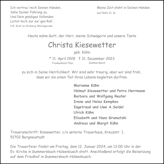 Anzeige von Christa Kiesewetter von Kölner Stadt-Anzeiger / Kölnische Rundschau / Express