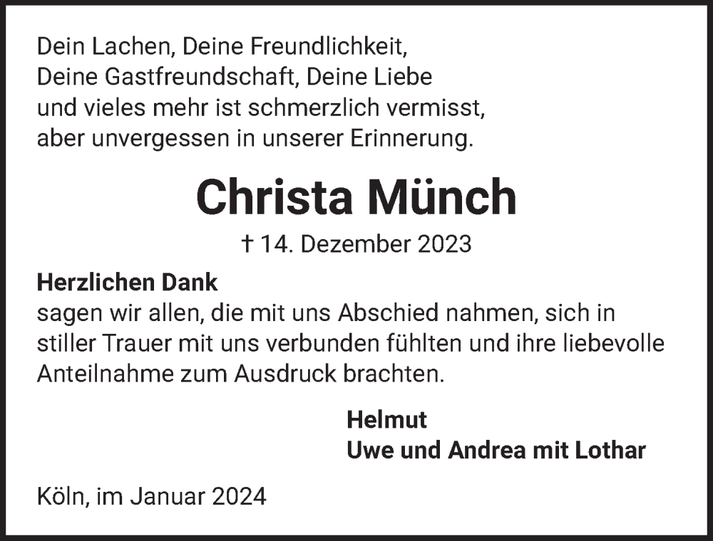  Traueranzeige für Christa Münch vom 26.01.2024 aus  EXPRESS - Die Woche 