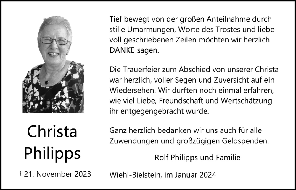  Traueranzeige für Christa Philipps vom 26.01.2024 aus  Anzeigen Echo 