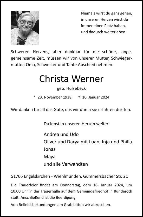 Anzeige von Christa Werner von Kölner Stadt-Anzeiger / Kölnische Rundschau / Express