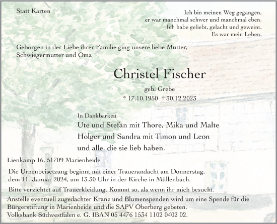 Anzeige von Christel Fischer von Kölner Stadt-Anzeiger / Kölnische Rundschau / Express