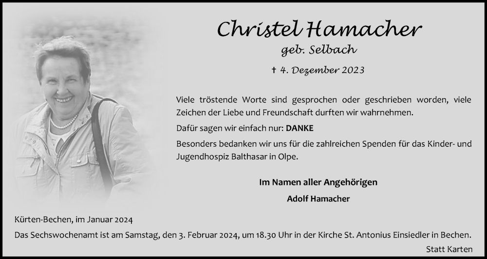  Traueranzeige für Christel Hamacher vom 27.01.2024 aus Kölner Stadt-Anzeiger / Kölnische Rundschau / Express