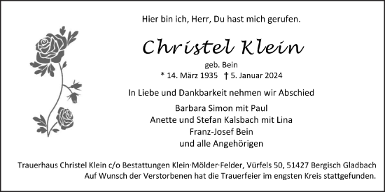Anzeige von Christel Klein von  Bergisches Handelsblatt 