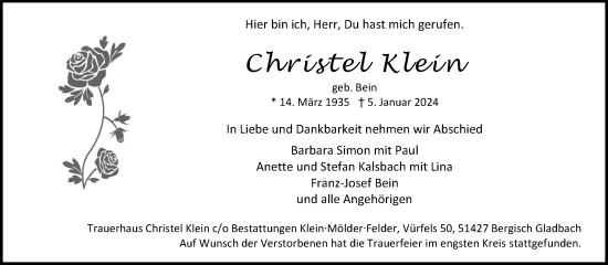 Anzeige von Christel Klein von Kölner Stadt-Anzeiger / Kölnische Rundschau / Express