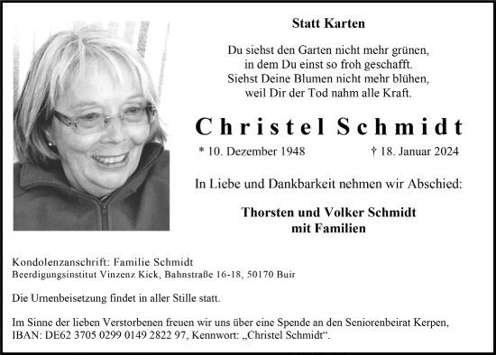 Anzeige von Christel Schmidt von  Werbepost 