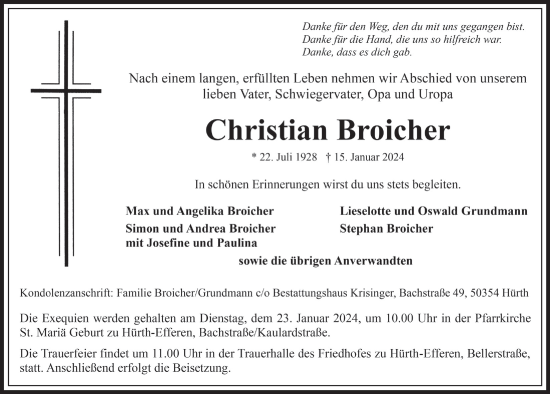 Anzeige von Christian Broicher von  Wochenende 