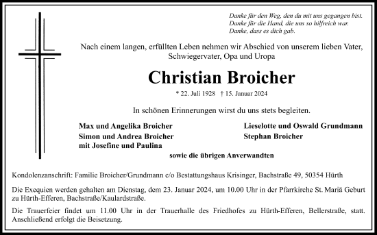 Anzeige von Christian Broicher von Kölner Stadt-Anzeiger / Kölnische Rundschau / Express