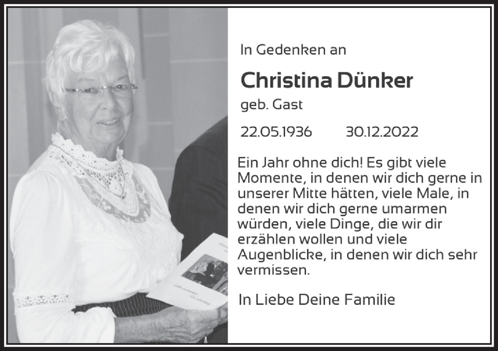  Traueranzeige für Christina Dünker vom 06.01.2024 aus  Blickpunkt Euskirchen 