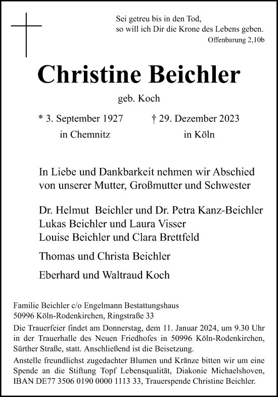 Anzeige von Christine Beichler von Kölner Stadt-Anzeiger / Kölnische Rundschau / Express