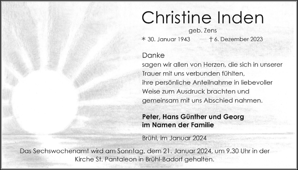  Traueranzeige für Christine Inden vom 12.01.2024 aus  Schlossbote/Werbekurier 