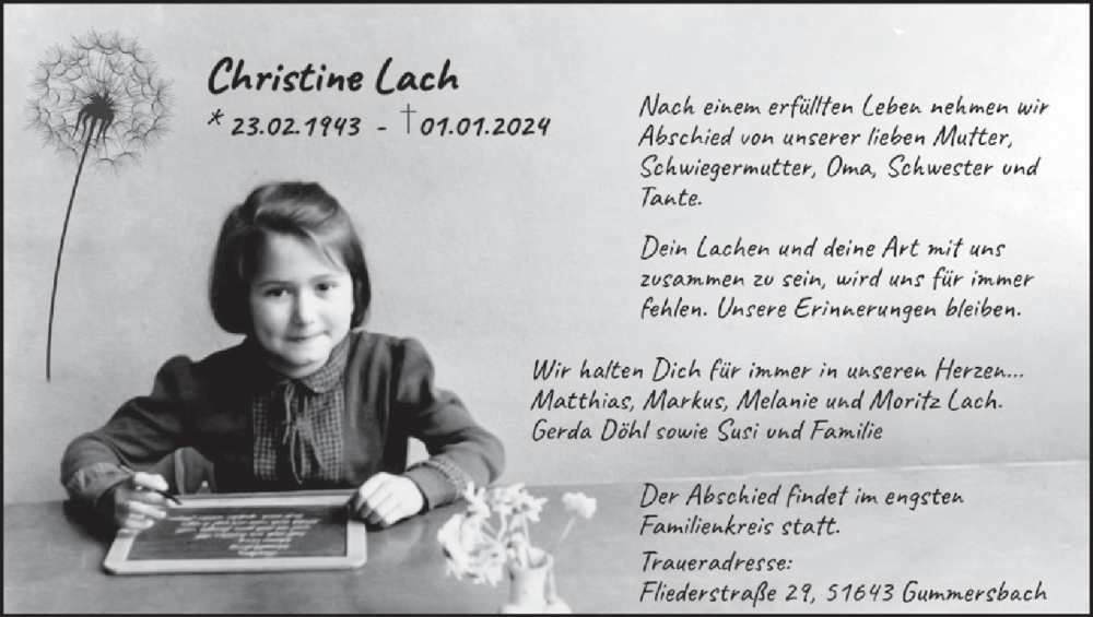  Traueranzeige für Christine Lach vom 19.01.2024 aus  Anzeigen Echo 