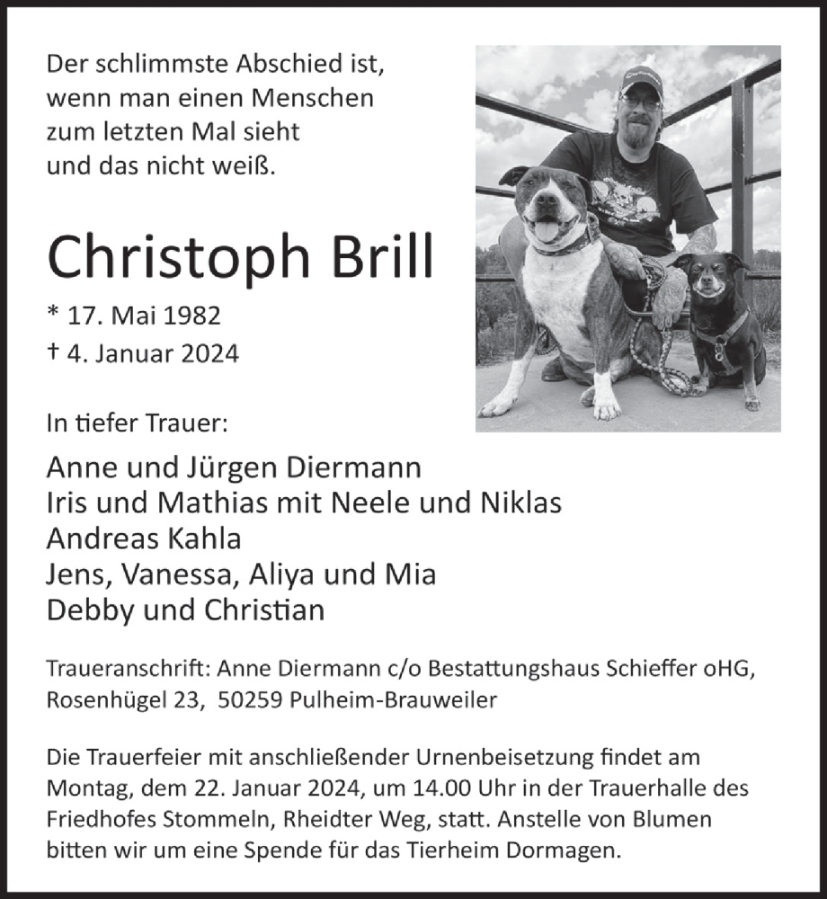  Traueranzeige für Christoph Brill vom 19.01.2024 aus  Wochenende 