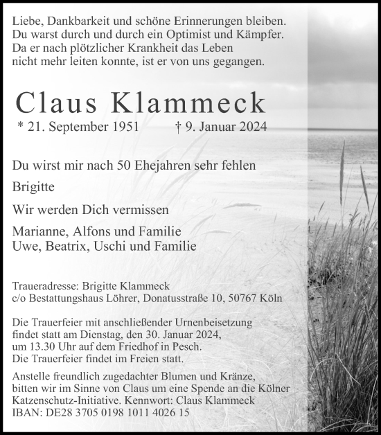 Anzeige von Claus Klammeck von Kölner Stadt-Anzeiger / Kölnische Rundschau / Express