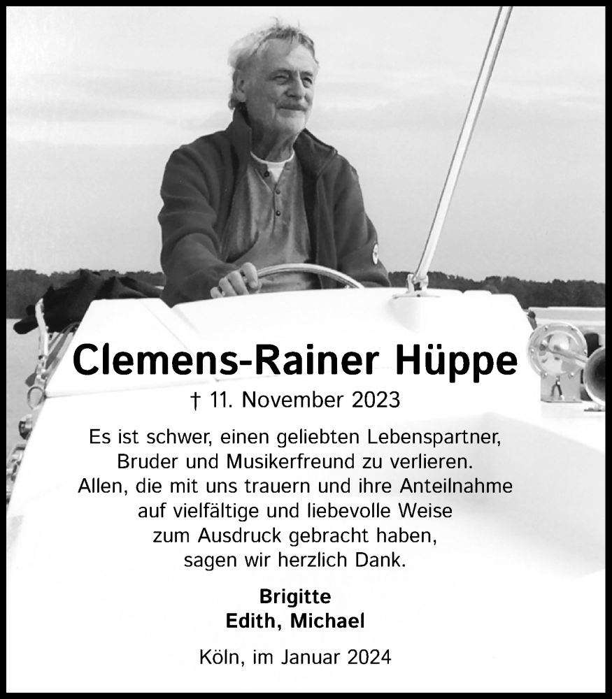  Traueranzeige für Clemens-Rainer Hüppe vom 20.01.2024 aus Kölner Stadt-Anzeiger / Kölnische Rundschau / Express