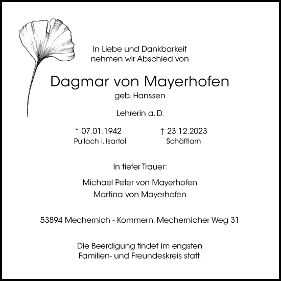 Anzeige von Dagmar von Mayerhofen von Kölner Stadt-Anzeiger / Kölnische Rundschau / Express