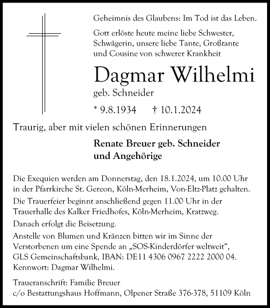 Anzeige von Dagmar Wilhelmi von Kölner Stadt-Anzeiger / Kölnische Rundschau / Express