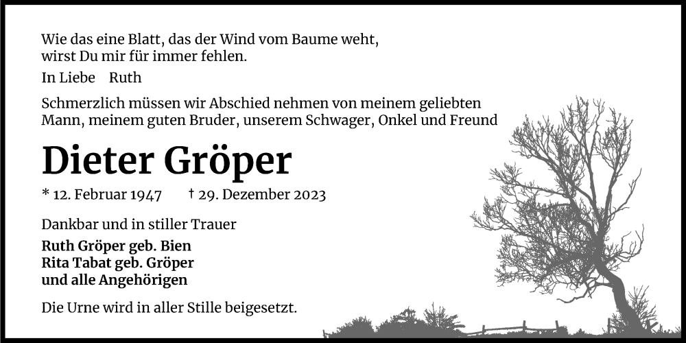  Traueranzeige für Dieter Gröper vom 06.01.2024 aus Kölner Stadt-Anzeiger / Kölnische Rundschau / Express