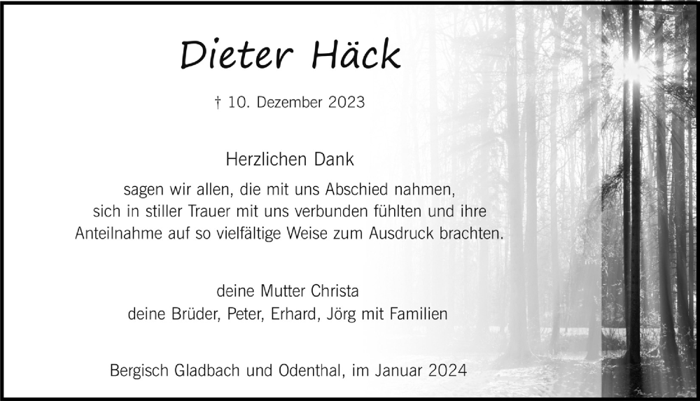  Traueranzeige für Dieter Häck vom 19.01.2024 aus  Bergisches Handelsblatt 