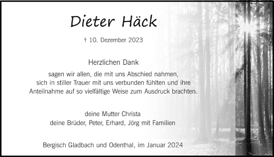 Anzeige von Dieter Häck von  Bergisches Handelsblatt 