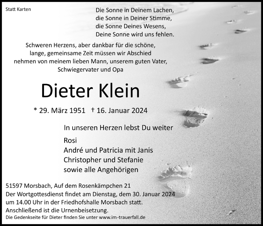  Traueranzeige für Dieter Klein vom 26.01.2024 aus  Lokalanzeiger 