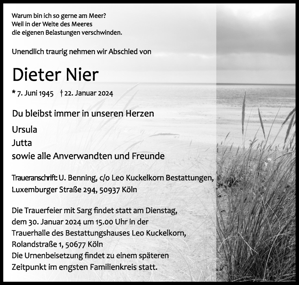  Traueranzeige für Dieter Nier vom 27.01.2024 aus Kölner Stadt-Anzeiger / Kölnische Rundschau / Express